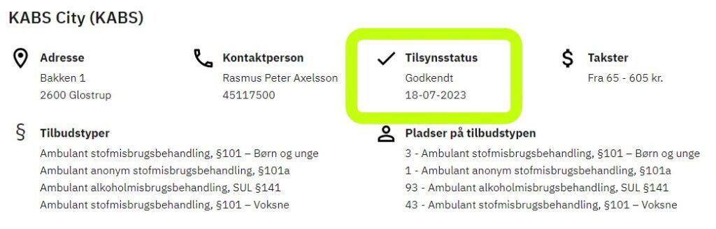 Billede af afdelingens godkendelser ved Socialtilsynets - aktiv på Tilbudsportalen.dk