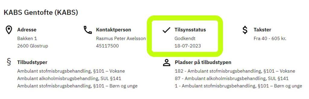 Billede af afdelingens godkendelser ved Socialtilsynets - aktiv på Tilbudsportalen.dk